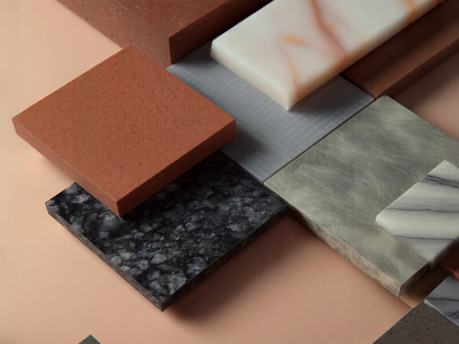 Grid of paint and material samples for testing colours