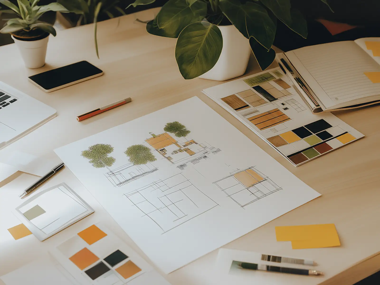 Architectural design workspace with drawings in progress