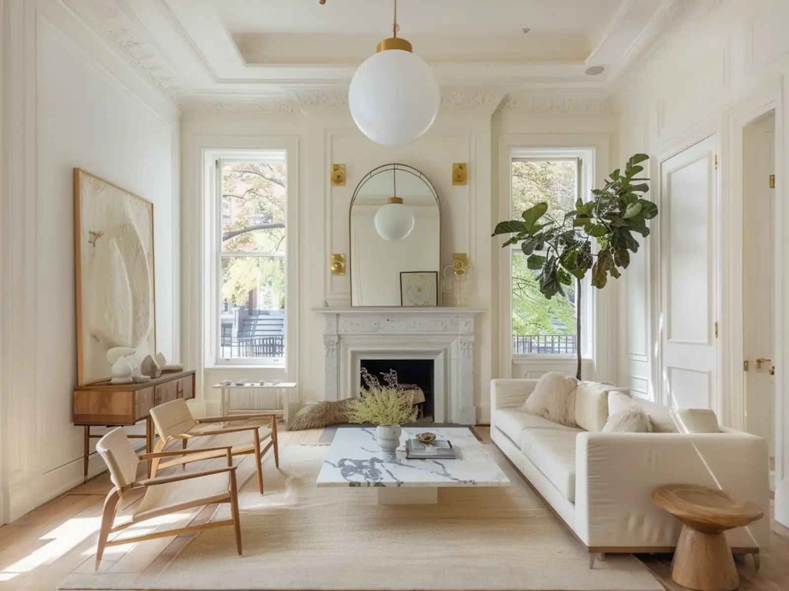 Living room filled with natural light from large windows