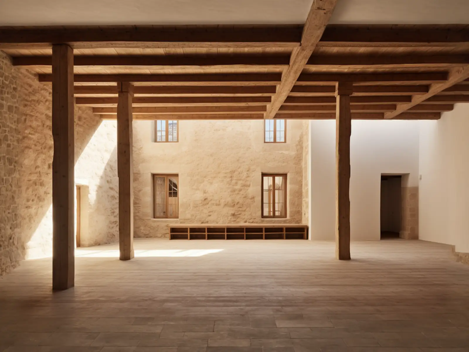 Room with exposed timber beams and warm natural finishes