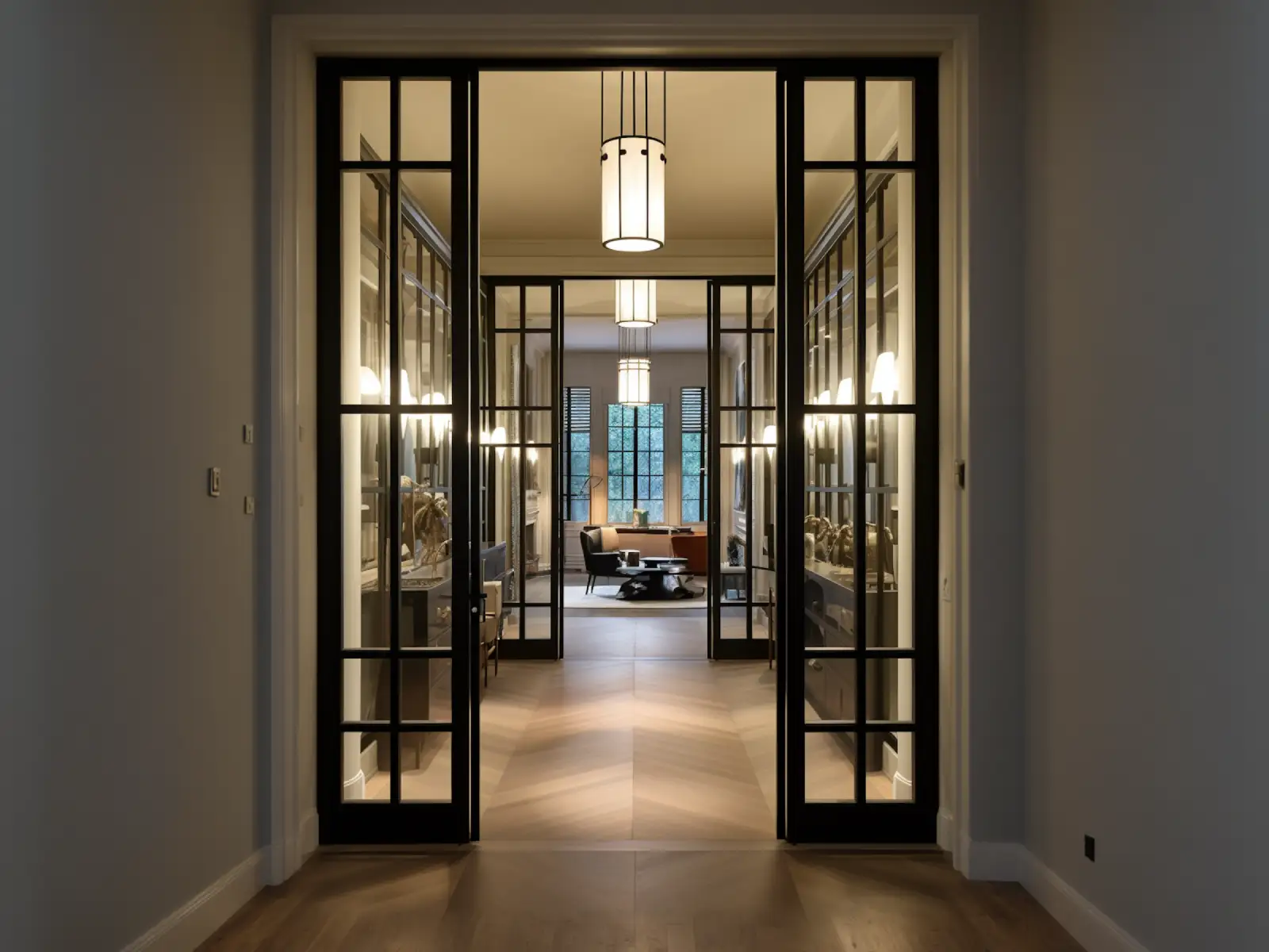Period hallway with glazed French doors and a herringbone floor
