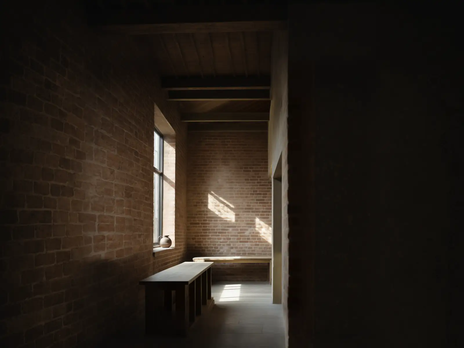 Renovated room with exposed brick, timber and afternoon sunlight
