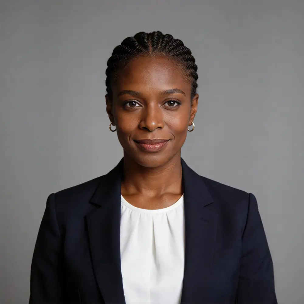 Confident woman with braided hair wearing a navy blazer and white blouse, against a gray background.