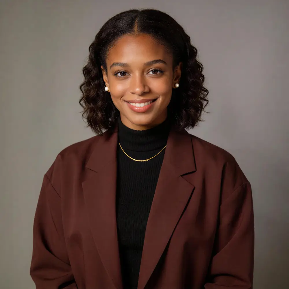 Smiling woman with curly hair wearing pearl earrings, a gold necklace, black top, and brown blazer.