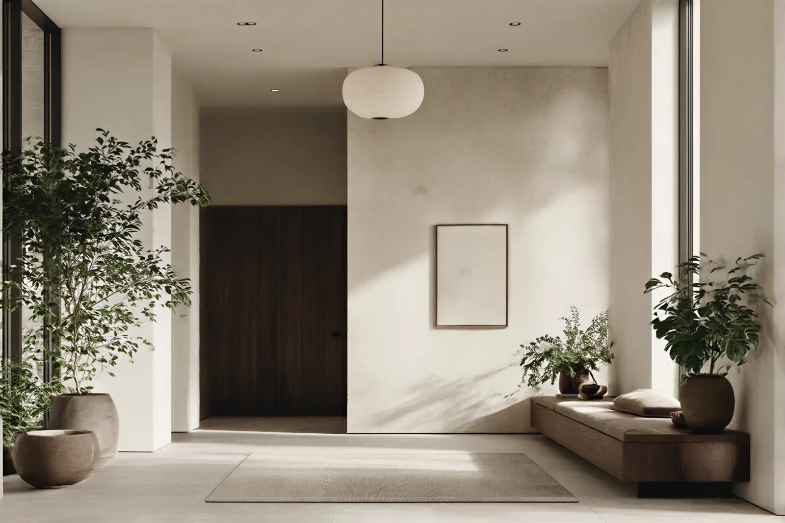 Minimalist interior with a wooden bench along the right wall topped with plants and a pillow, large potted plants on the left near floor-to-ceiling windows, neutral-toned rug on the floor, white walls, and a hanging round white pendant light in the ceiling.