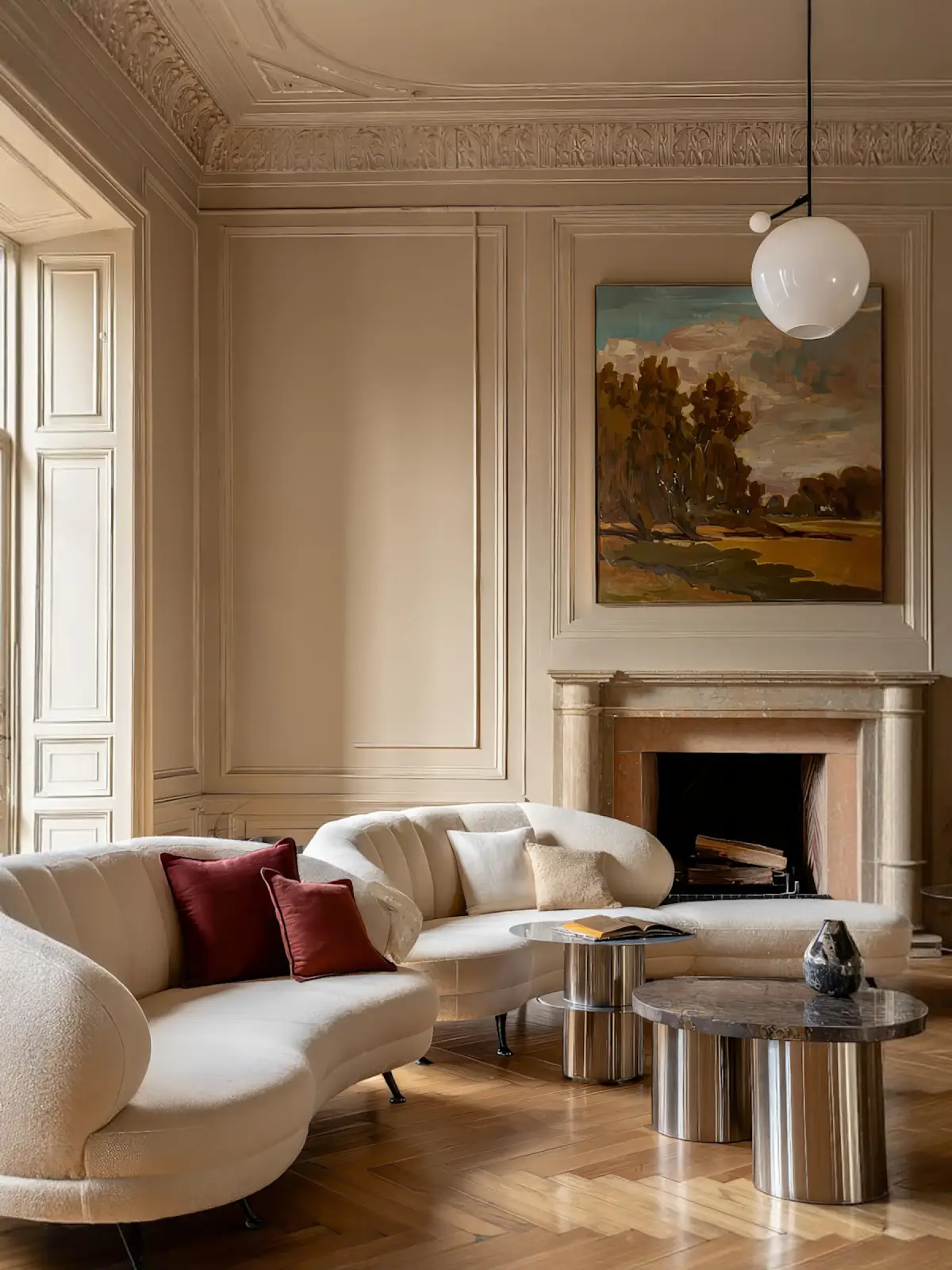 Elegant living room with beige curved sofas adorned with red and white cushions, wooden parquet floor, a fireplace with a brown mantel, a framed landscape painting above it, and two round metallic coffee tables, one with a marble top and a decorative vase. A large window with beige shutters allows natural light into the room.