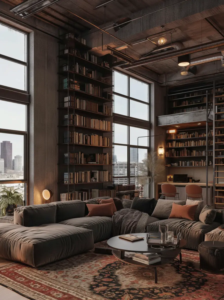 Sophisticated urban living room with large floor-to-ceiling windows showing a city skyline, a dark gray sectional sofa with assorted cushions, a round black coffee table on an ornate rug, and tall bookshelves filled with books extending to the ceiling, along with a workspace desk and chairs in the background.
