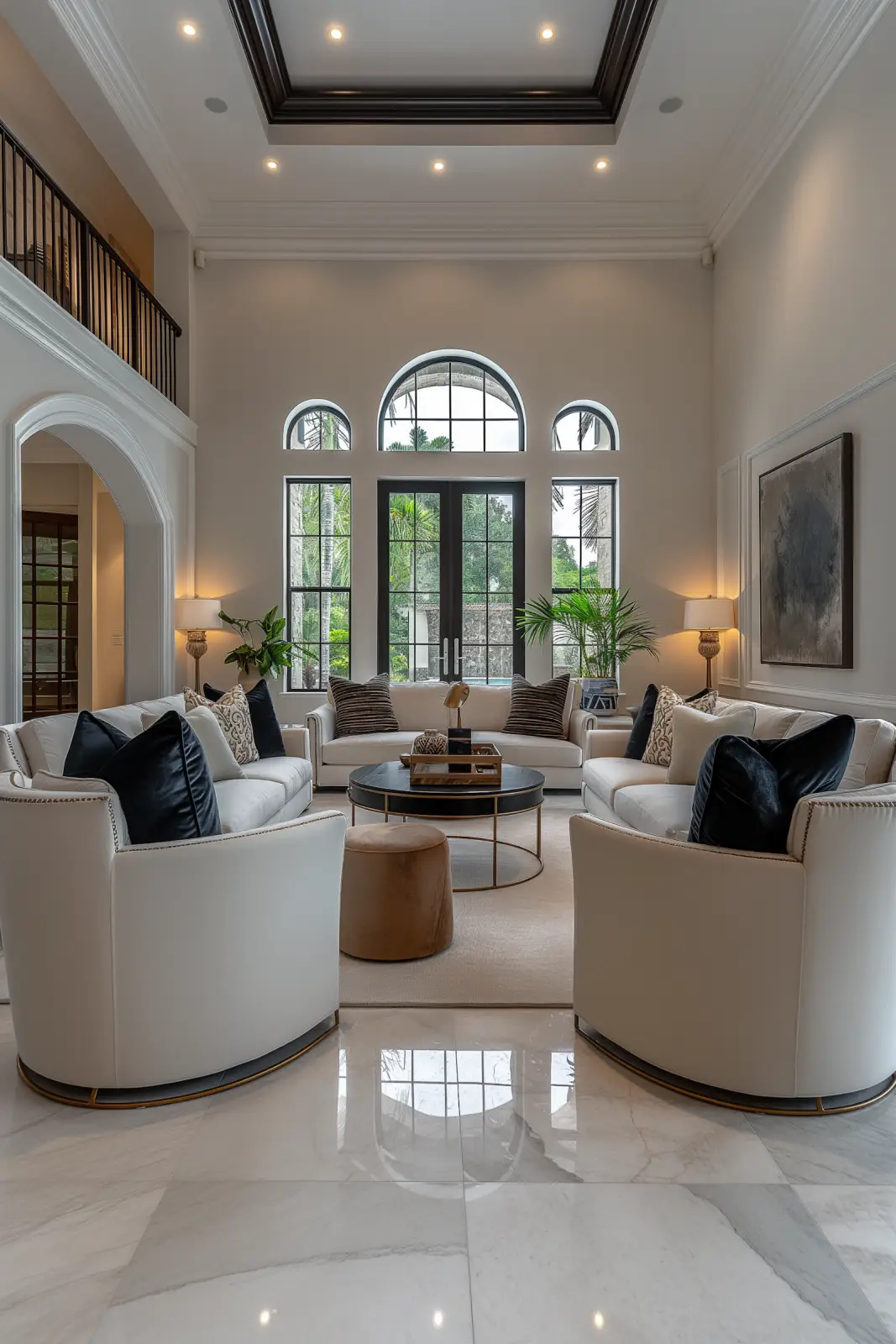Elegant living room with tall ceilings, large arched windows, three white sofas with black and patterned cushions surrounding a round black coffee table, beige ottoman, plants on side tables, and soft lighting from lamps and recessed ceiling lights.