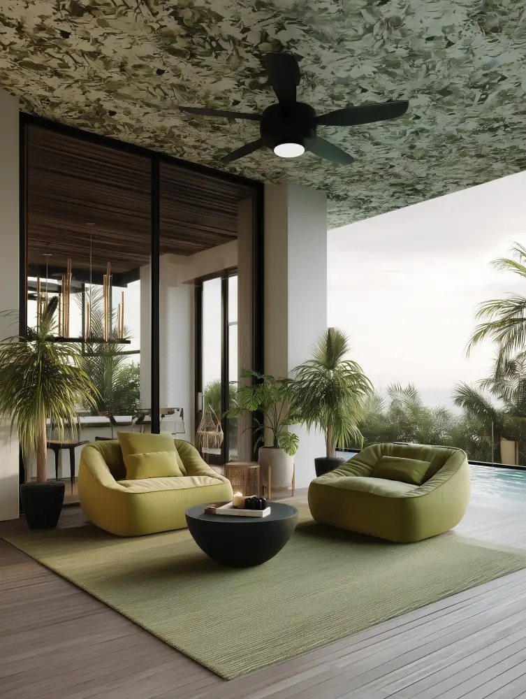 Outdoor tropical lounge area with two olive-green cushioned chairs on a matching rug, a round black coffee table with a candle and accessories, surrounded by potted tropical plants, and a green leafy patterned ceiling with a modern black ceiling fan, adjacent to a pool and large glass doors reflecting the indoor space.