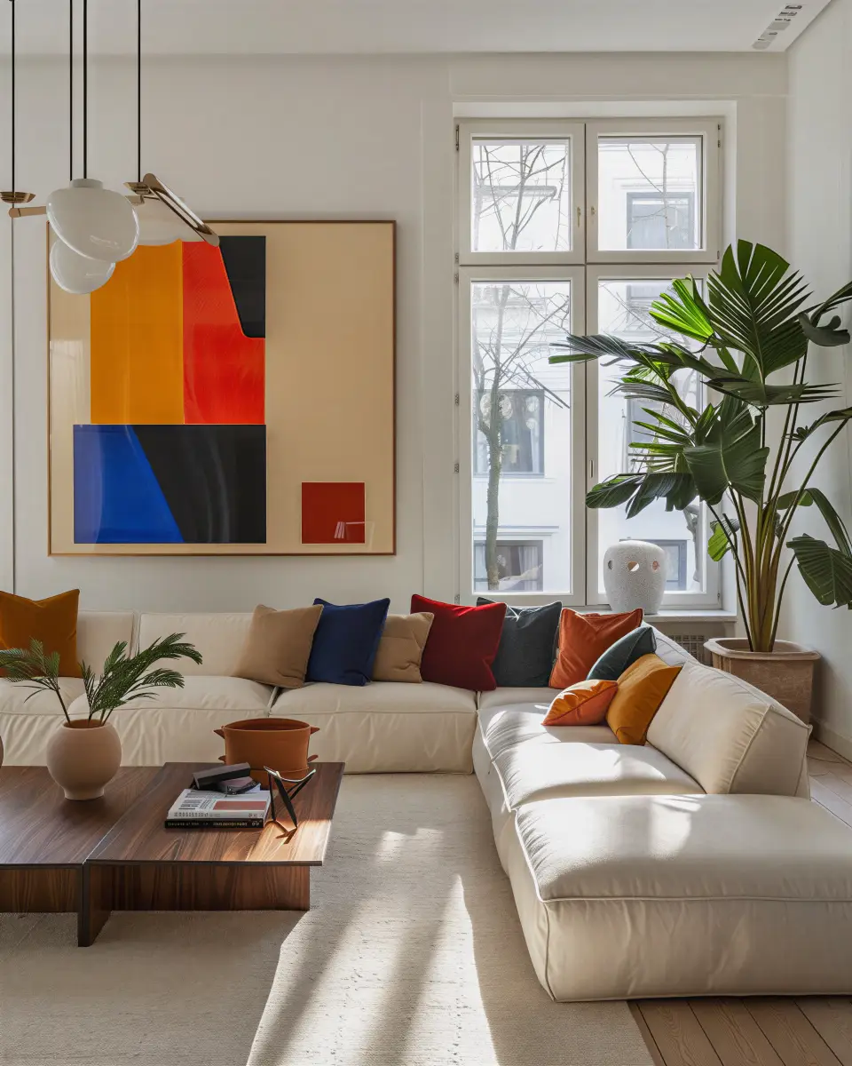 Bright modern living room with a large white sectional sofa adorned with colorful cushions in orange, red, blue, and beige, a wooden coffee table with books and plants, large windows letting in natural light, a tall green plant beside the sofa, and a large framed abstract artwork with bold orange, red, blue, and black shapes on the wall.