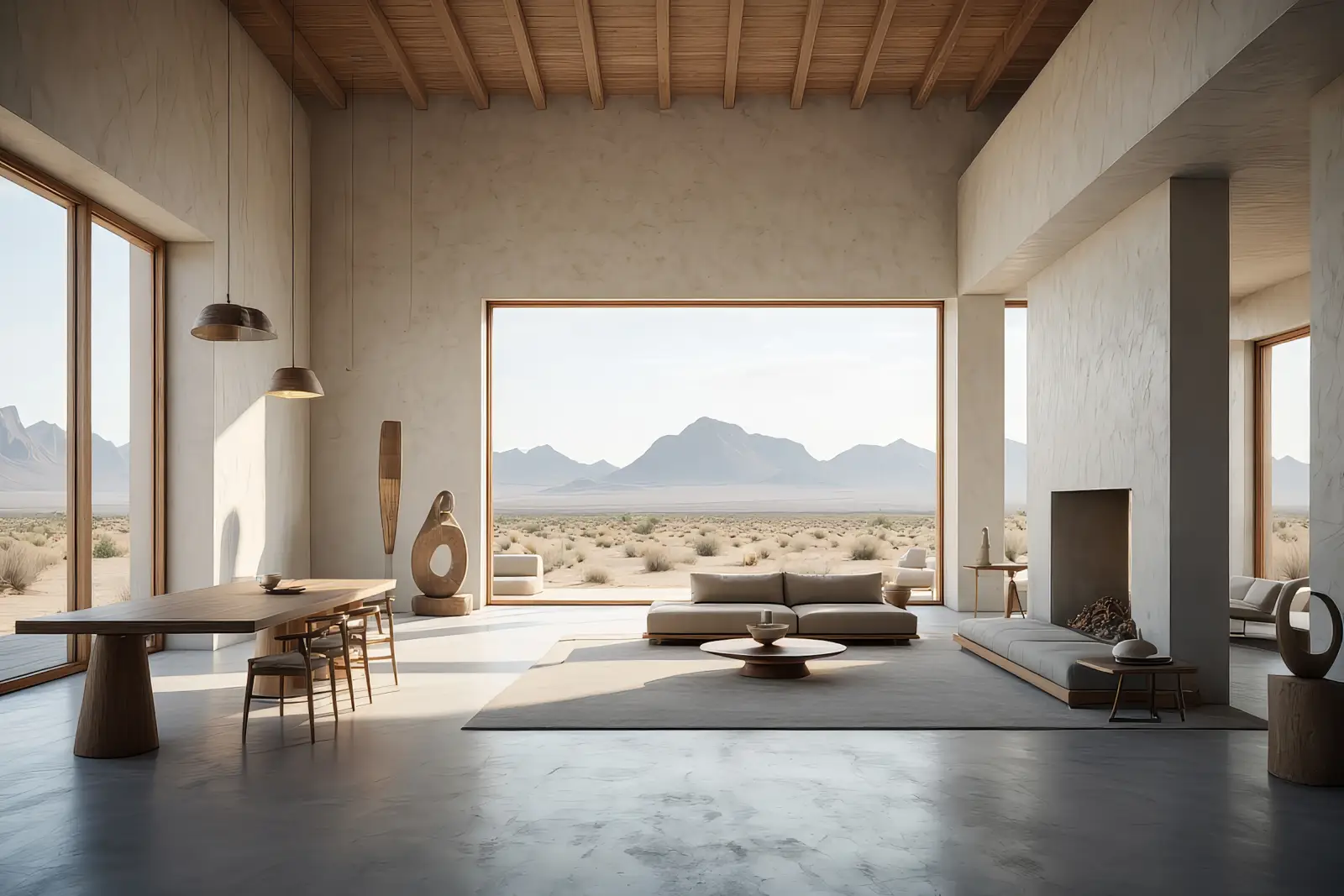 Spacious modern desert living room with high wooden ceiling, large windows showing desert landscape and mountains, minimalistic beige sofas, circular wooden coffee table on area rug, wooden dining table with chairs, abstract sculptures, and a built-in fireplace.