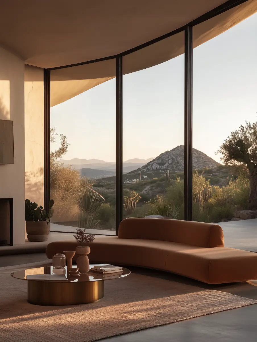Modern desert living room with a curved brown sofa, round glass coffee table with decorative vases and books, large floor-to-ceiling windows showing a view of desert vegetation and rocky hills at sunset, and neutral color tones.