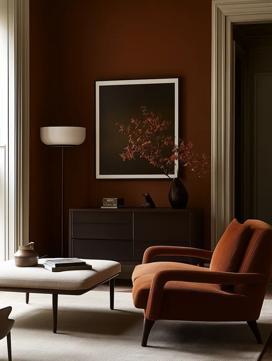 A cozy interior space featuring a burnt orange upholstered armchair, a beige ottoman with books and a ceramic jug, and a dark dresser against a brown wall with a framed dark artwork and a vase holding red foliage, illuminated by natural light from a nearby window.