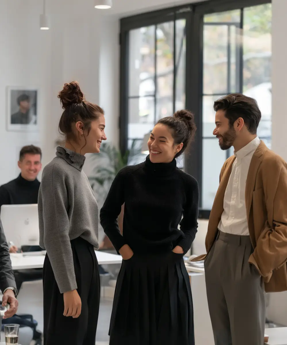 Three young professionals smiling and conversing casually in a bright office with large windows; one man wears a brown blazer, and two women wear black and gray sweaters.