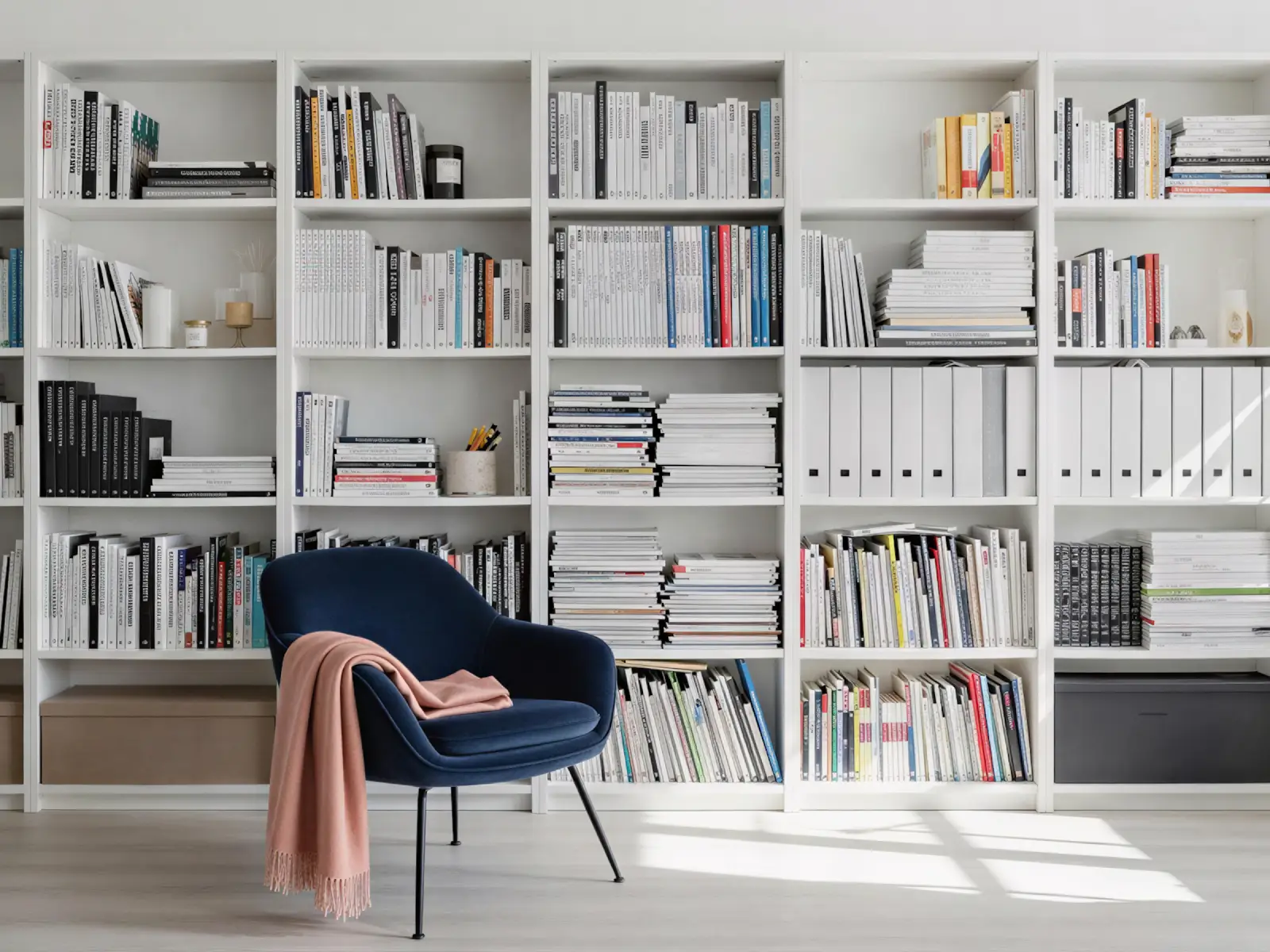 Modern home library with a large white bookshelf filled with organized books, folders, and decorative items, and a dark blue upholstered armchair with a pink throw draped over it on a light wood floor.