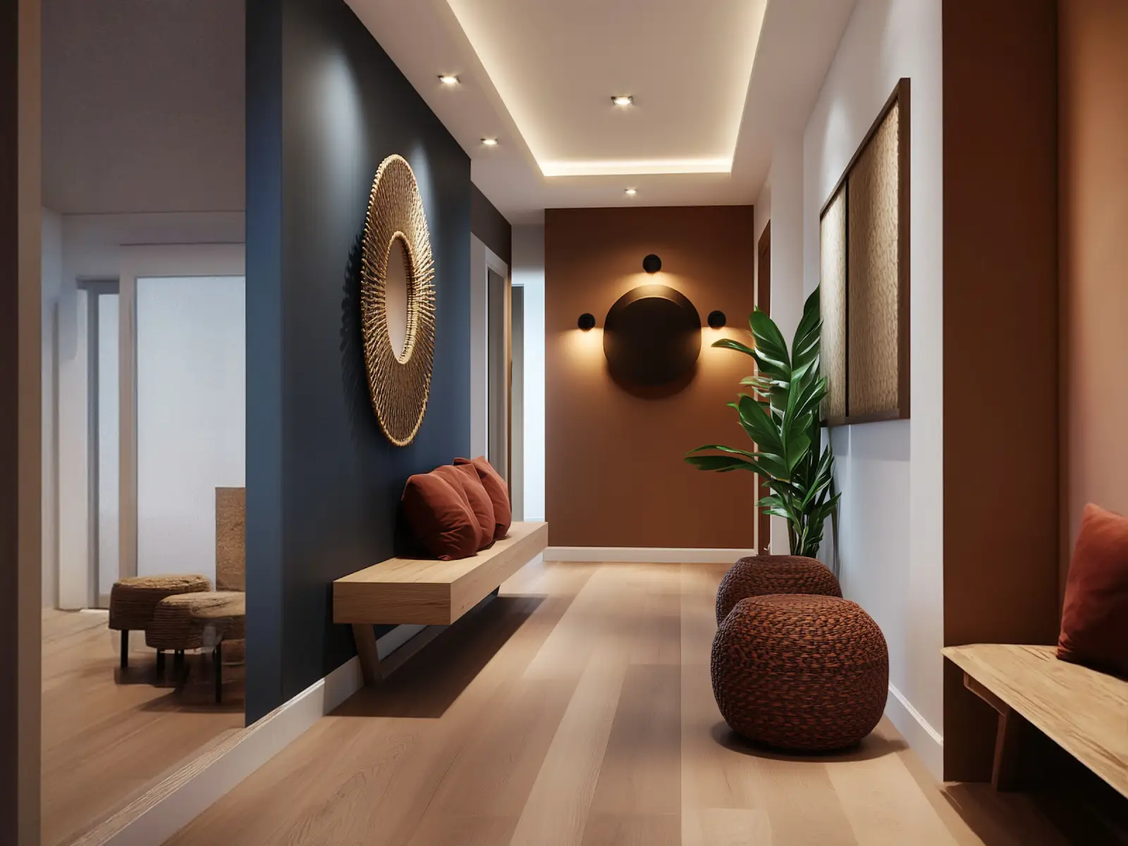 Modern hallway with light wooden floor, dark blue and brown walls, a large round woven mirror on the blue wall, a wooden bench with rust-colored pillows, two woven round ottomans, a green plant, and recessed ceiling lights.