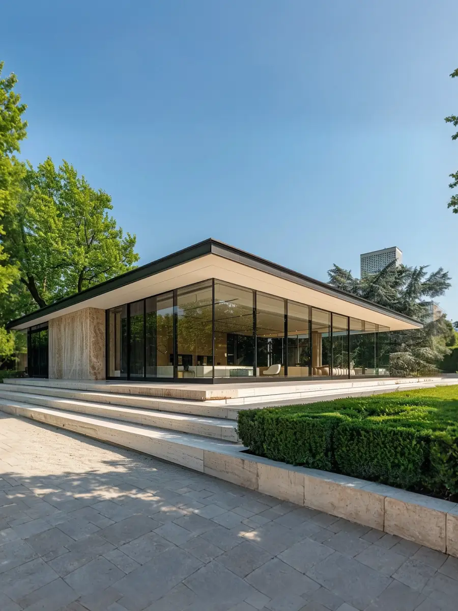 Modern glass house with large floor-to-ceiling windows and a flat roof, surrounded by green trees and manicured shrubs under a clear blue sky.