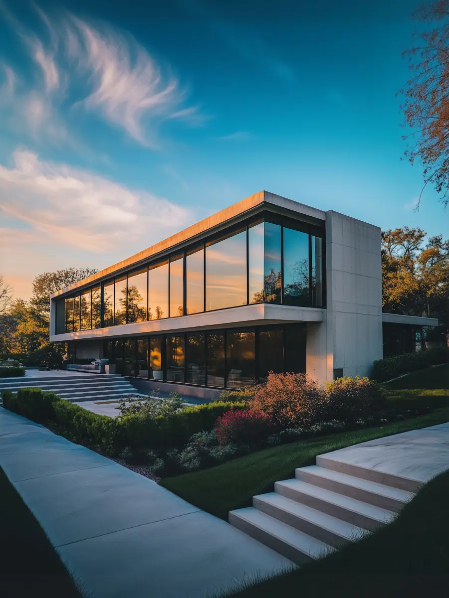 Modern minimalist two-story house with large glass windows reflecting the sunset, surrounded by well-maintained shrubs, greenery, and concrete steps leading to the entrance.