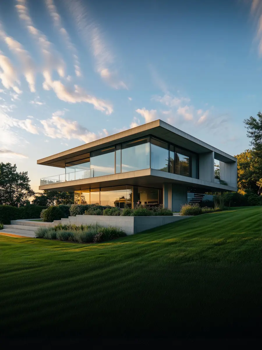 Modern minimalist two-story house with large glass windows surrounded by green lawn and trees under a partly cloudy sky at sunset.