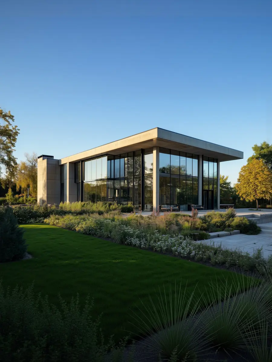 Modern architectural building with large glass windows and concrete framing surrounded by landscaped greenery and a clear blue sky.