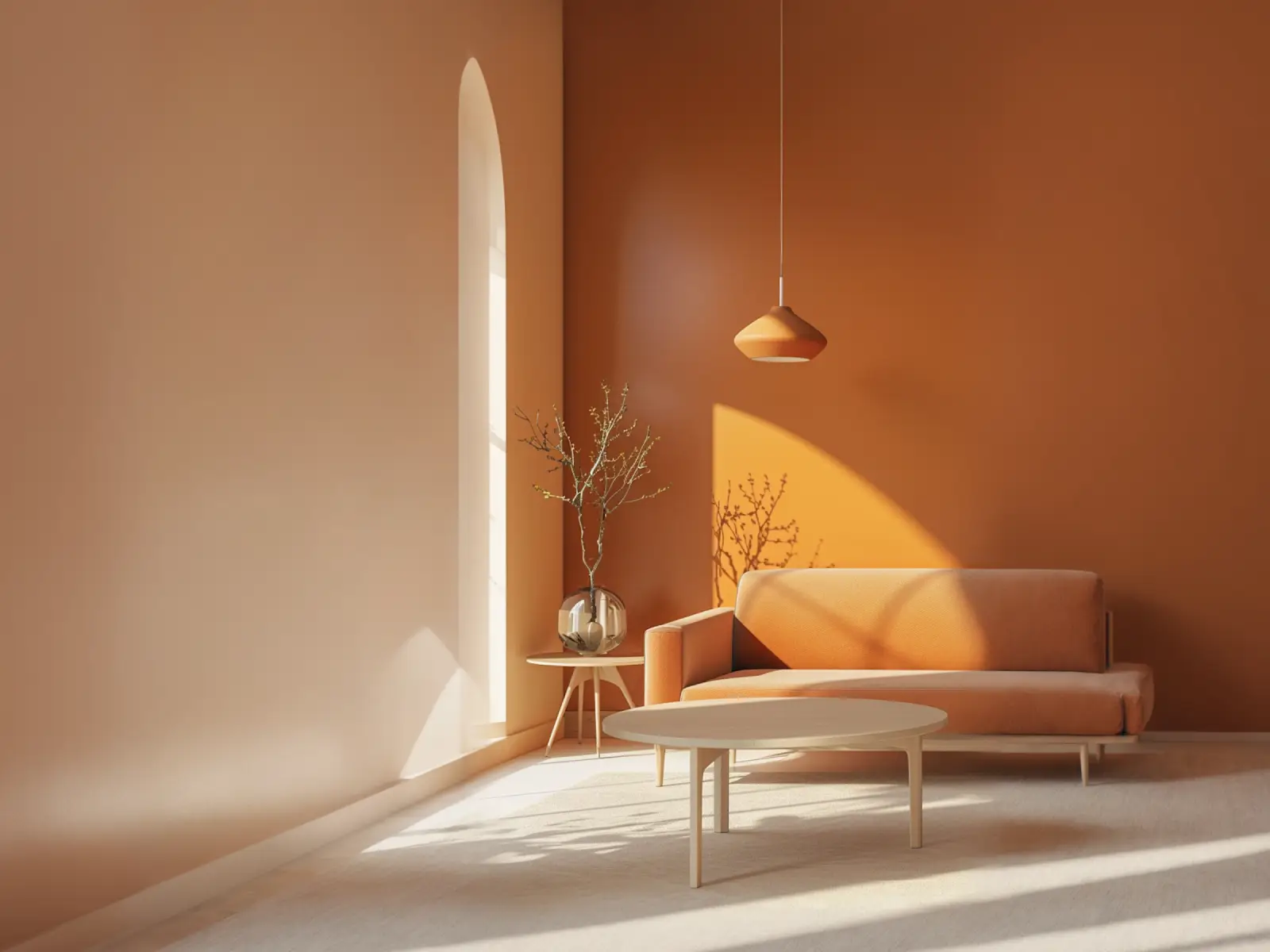 Modern living room with an orange sofa against an orange wall, a round white coffee table, a small side table with a glass vase holding branches, soft sunlight streaming through an arched window casting shadows, and a hanging pendant light above the sofa.