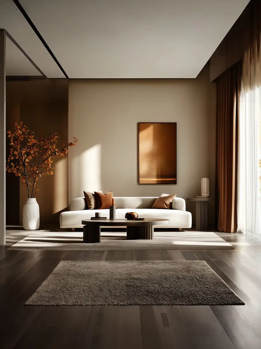 Modern minimalist living room with a white sofa adorned with brown cushions, a round coffee table with decorative items, a large indoor plant in a white vase, and a framed abstract artwork on the beige wall, illuminated by natural light through large windows with brown curtains.