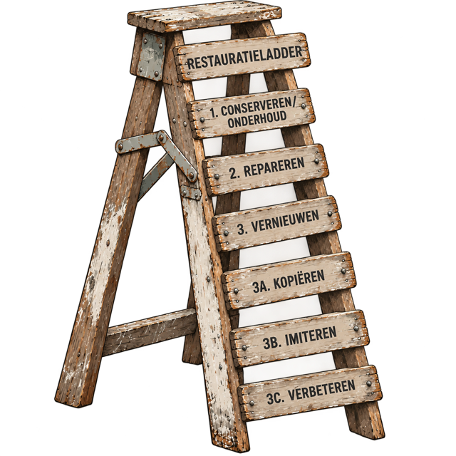 Illustratie van de restauratieladder: conserveren, repareren, vernieuwen, kopieren, imiteren en verbeteren