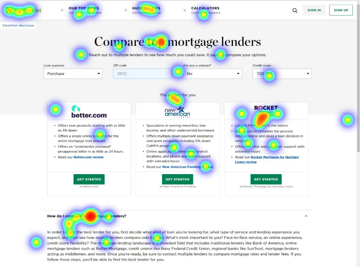Heatmap of a mortgage lender comparison page showing click density on navigation, lender name cards, and the educational how-to-compare section.