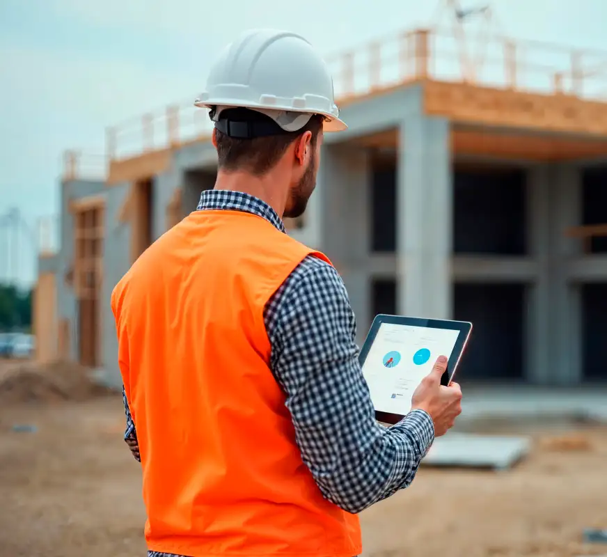 Construction worker in an orange safety vest and white hard hat holding a tablet with charts, standing at a building site under construction.