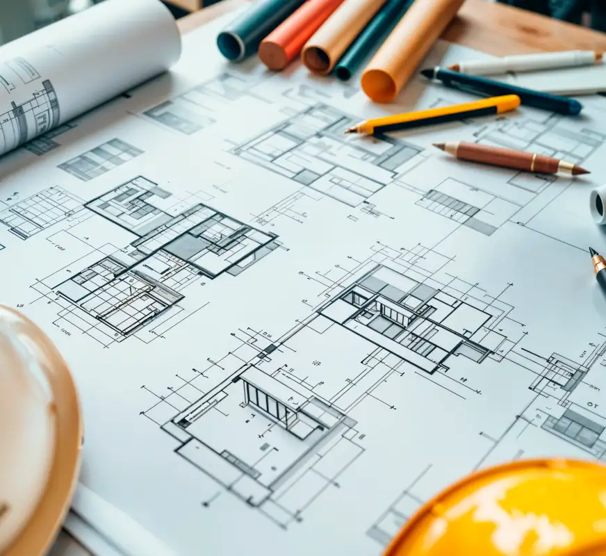 Architectural blueprints spread out on a table with rolled-up plans, drawing pencils, and pens scattered around.