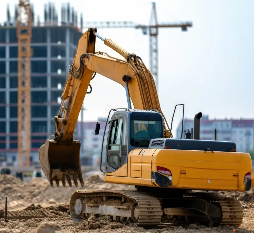 Yellow excavator with a bucket attachment positioned on dirt at a construction site with cranes and partially constructed buildings in the background.
