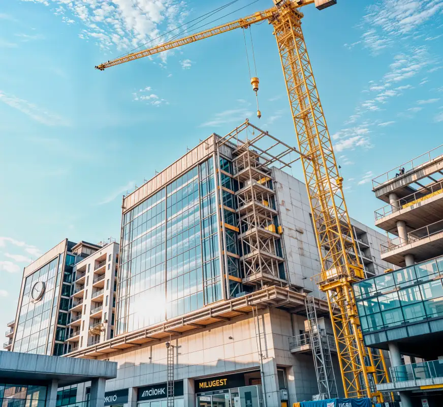 Modern multi-story building under construction with large glass windows, a yellow construction crane, and clear blue sky with clouds.