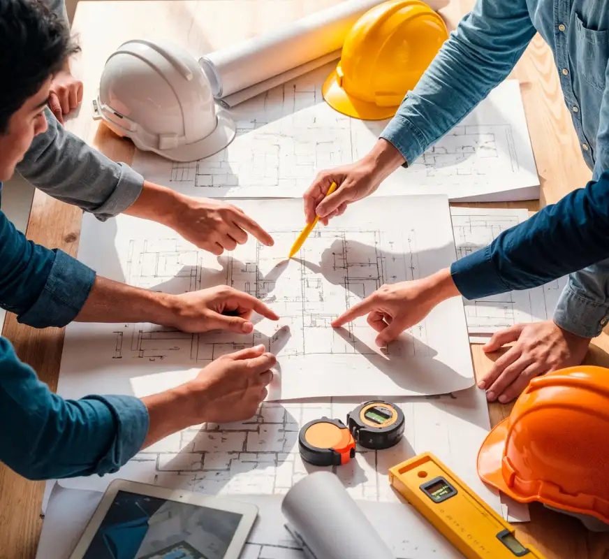 Four people collaborating over architectural blueprints on a wooden table, pointing and discussing. The table holds two white hard hats, two orange hard hats, measuring tapes, a digital level, and a tablet.