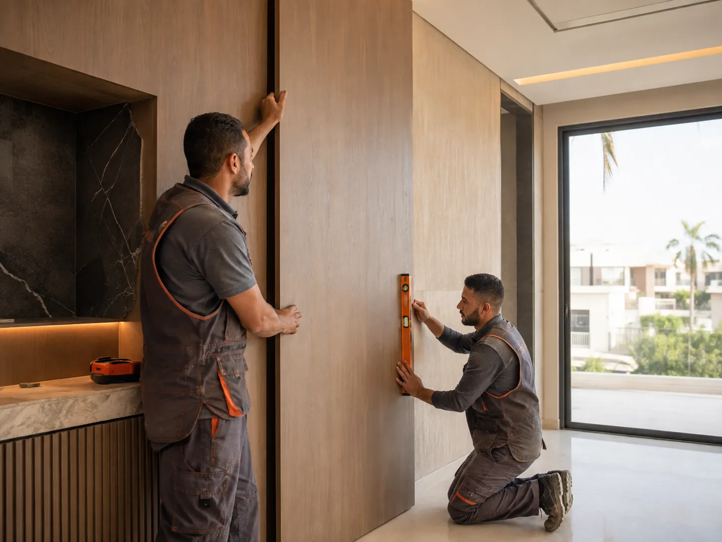 Two men in work uniforms installing a large wooden panel on an interior wall, one holding it steady and the other kneeling while using an orange level tool to check alignment, in a modern room with large windows and natural light.
