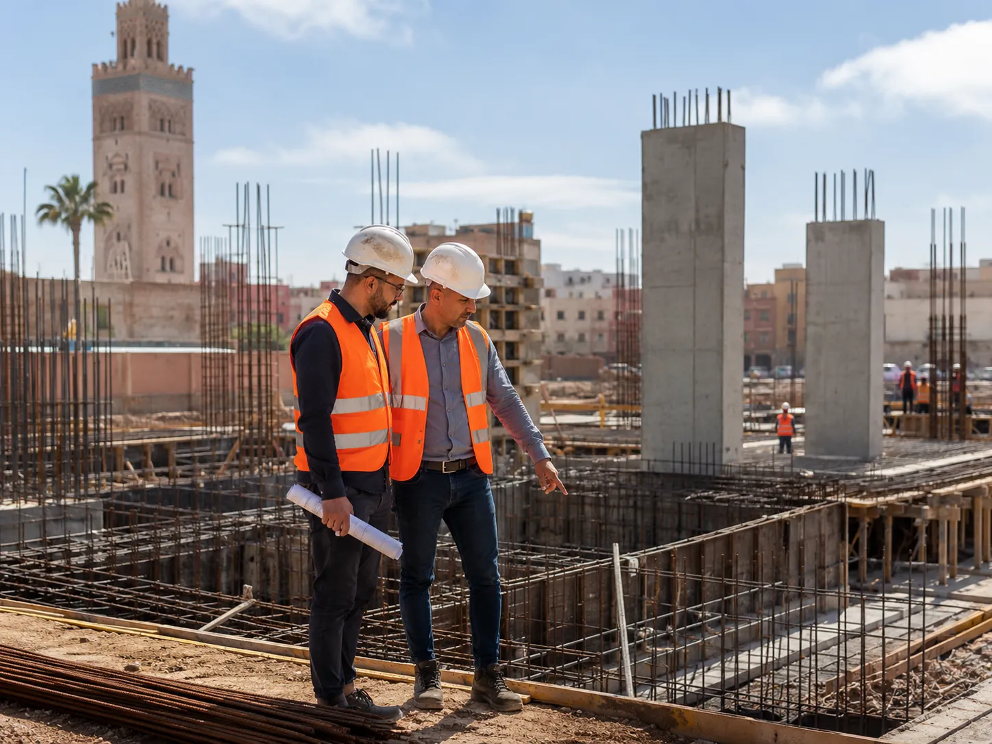 Two men wearing white hard hats and orange safety vests standing at a construction site with steel reinforcements and concrete pillars, one man holding blueprints and the other pointing at the foundation work, under a partly cloudy sky with a historic tower and palm tree in the background.