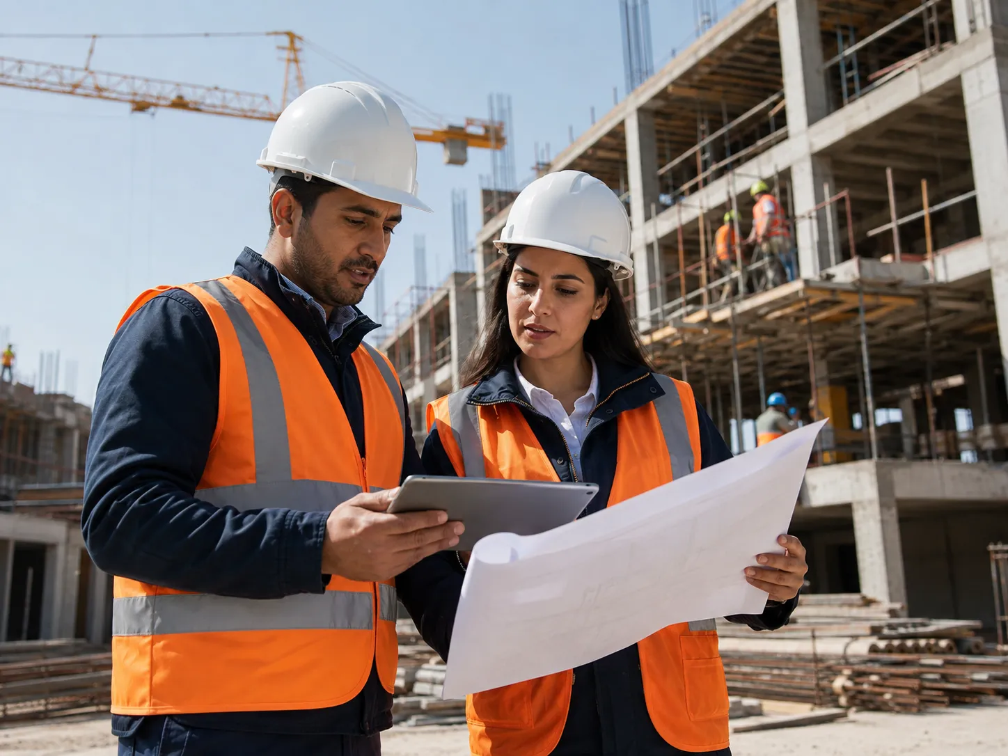 Two construction workers wearing white hard hats and orange safety vests review a blueprint and a tablet at a building site with scaffolding and a crane in the background.