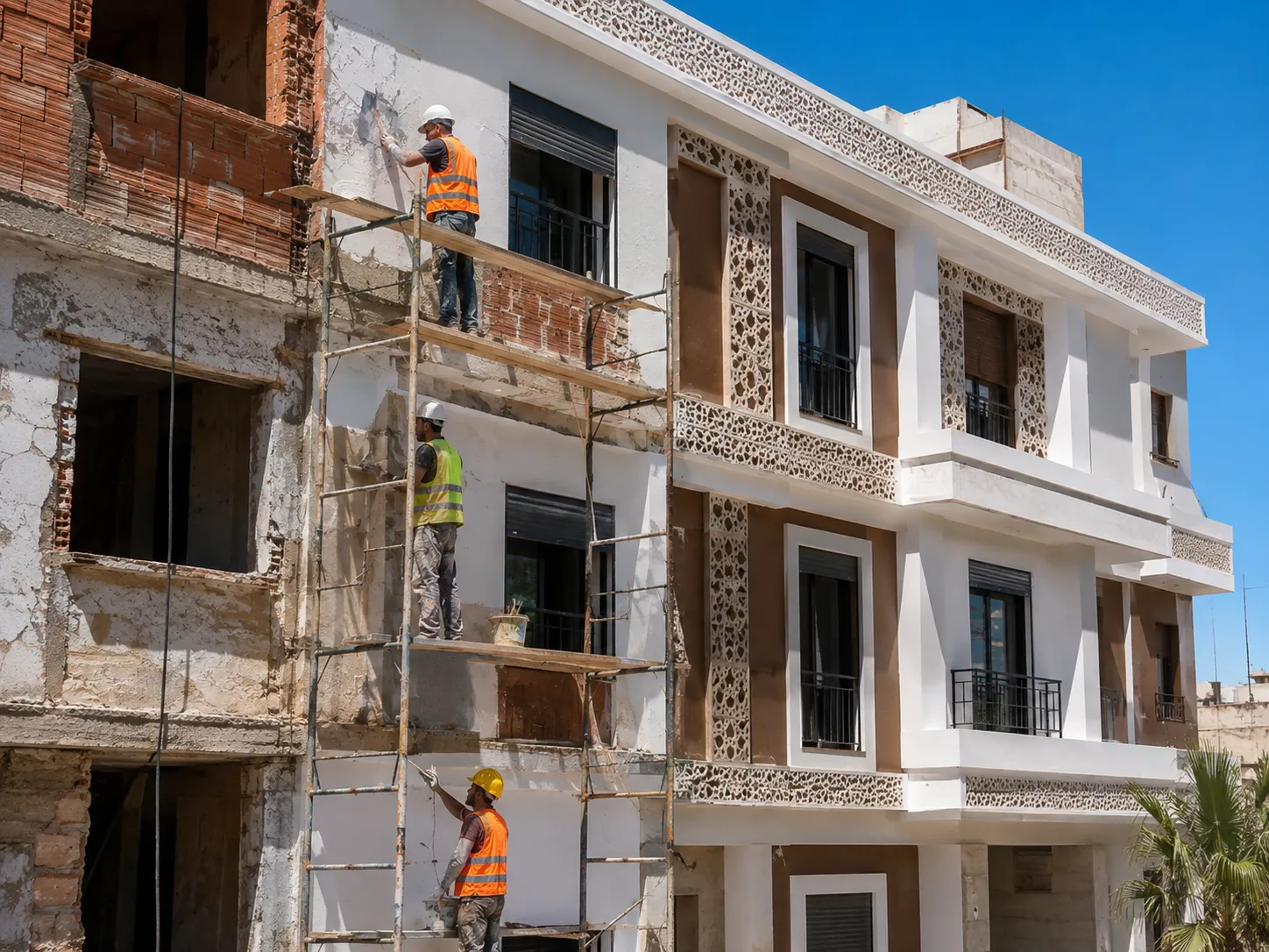 Three construction workers wearing safety helmets and vests renovating an old building's facade using scaffolding, applying plaster to walls next to a completed modern building with decorative panels and windows under a clear blue sky.