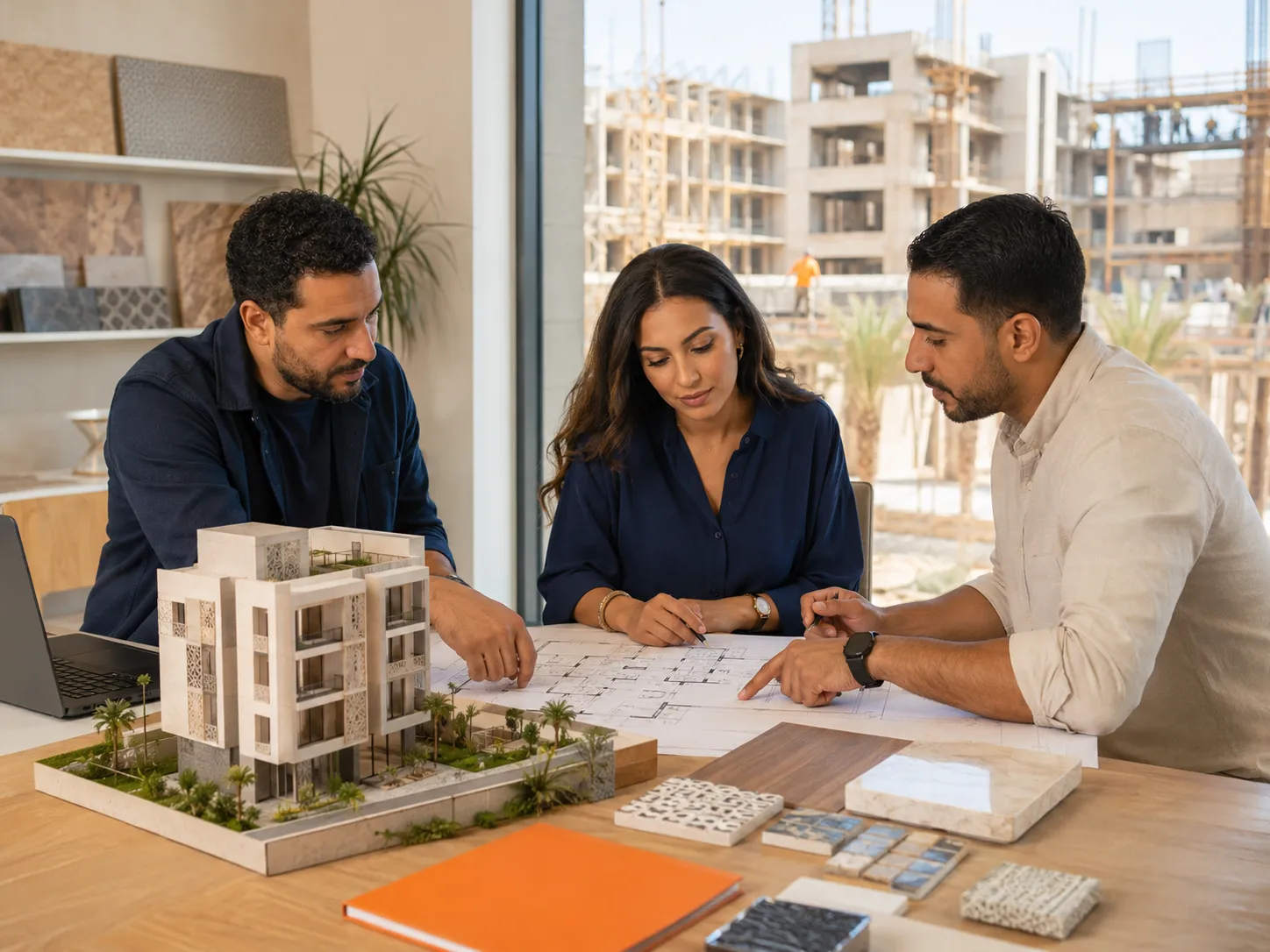 Three architects or designers sitting at a table reviewing blueprints and discussing plans, with a detailed architectural model of a modern multi-story building and various tile and material samples on the table, with a construction site visible outside the window.