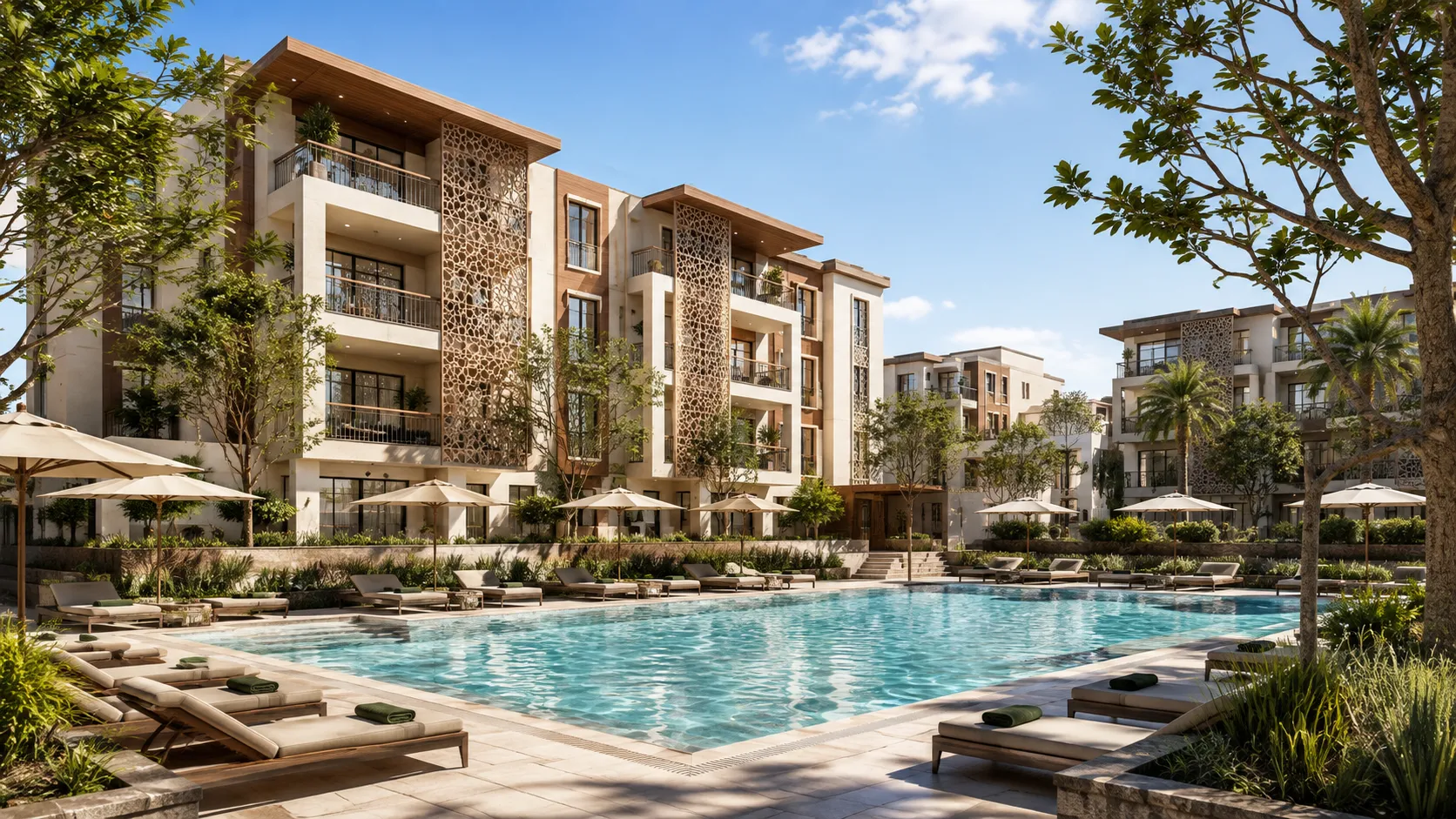 Outdoor swimming pool surrounded by lounge chairs with rolled towels and umbrellas in front of modern multi-story apartment buildings decorated with ornamental panels and greenery under a blue sky with scattered clouds.