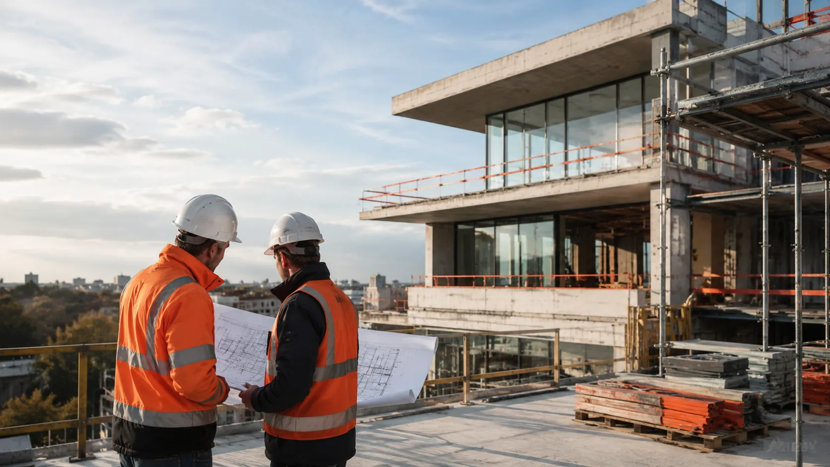 Two construction workers wearing white hard hats and orange safety vests reviewing blueprints at a modern building construction site under a partly cloudy sky.