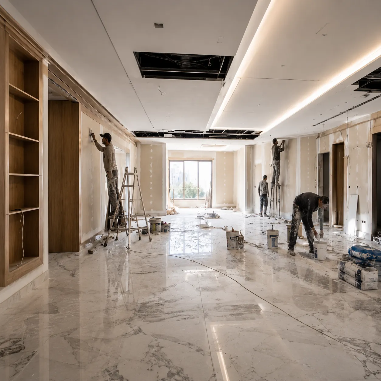 Several workers renovating a spacious room with marble flooring and a large window, applying plaster or paint on walls and ceiling while standing on ladders and working near buckets and construction materials.