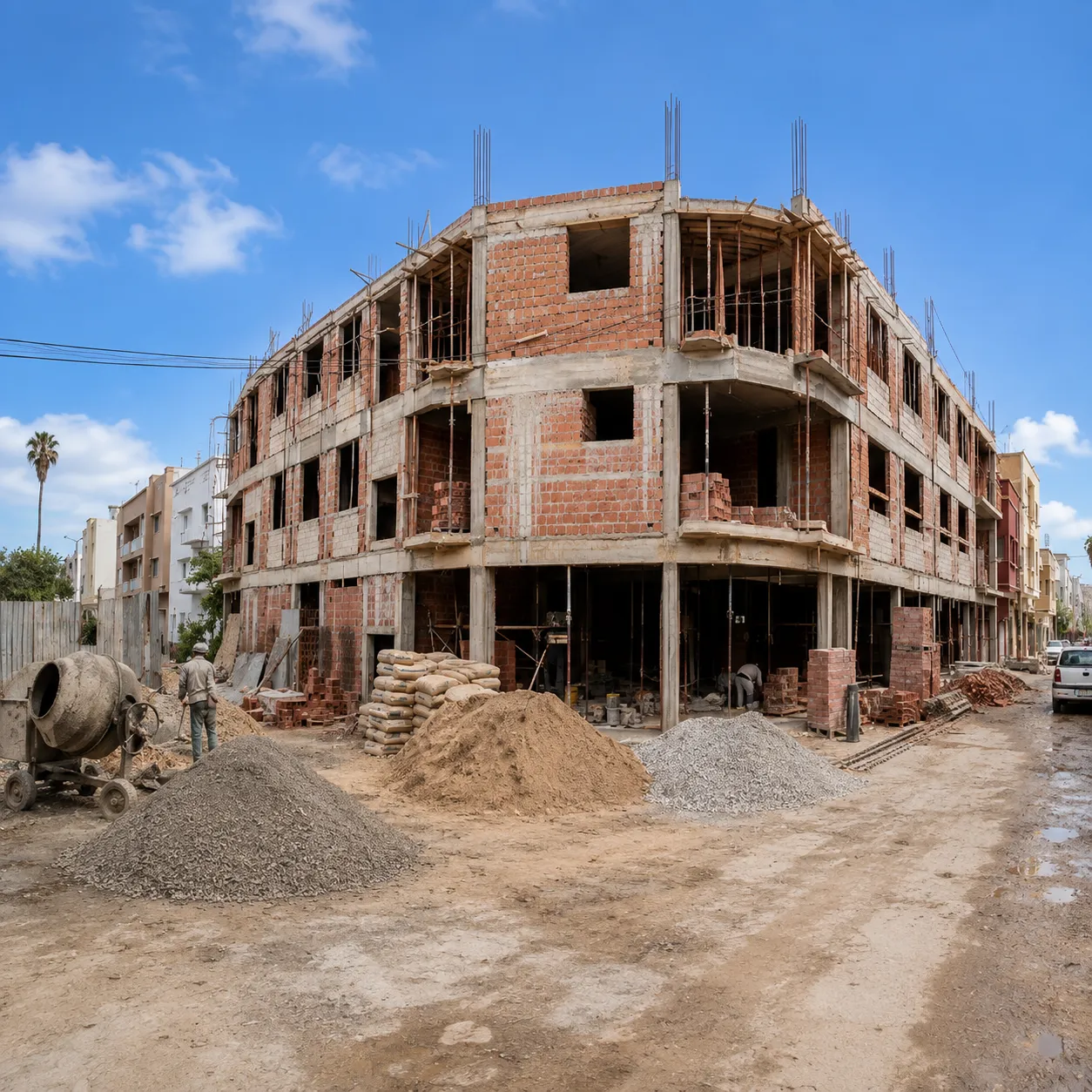 A multi-story brick building under construction with exposed concrete columns and rebar, piles of construction materials including sand, gravel, and cement bags in front, and a worker operating a cement mixer on a dirt street under a partly cloudy blue sky.