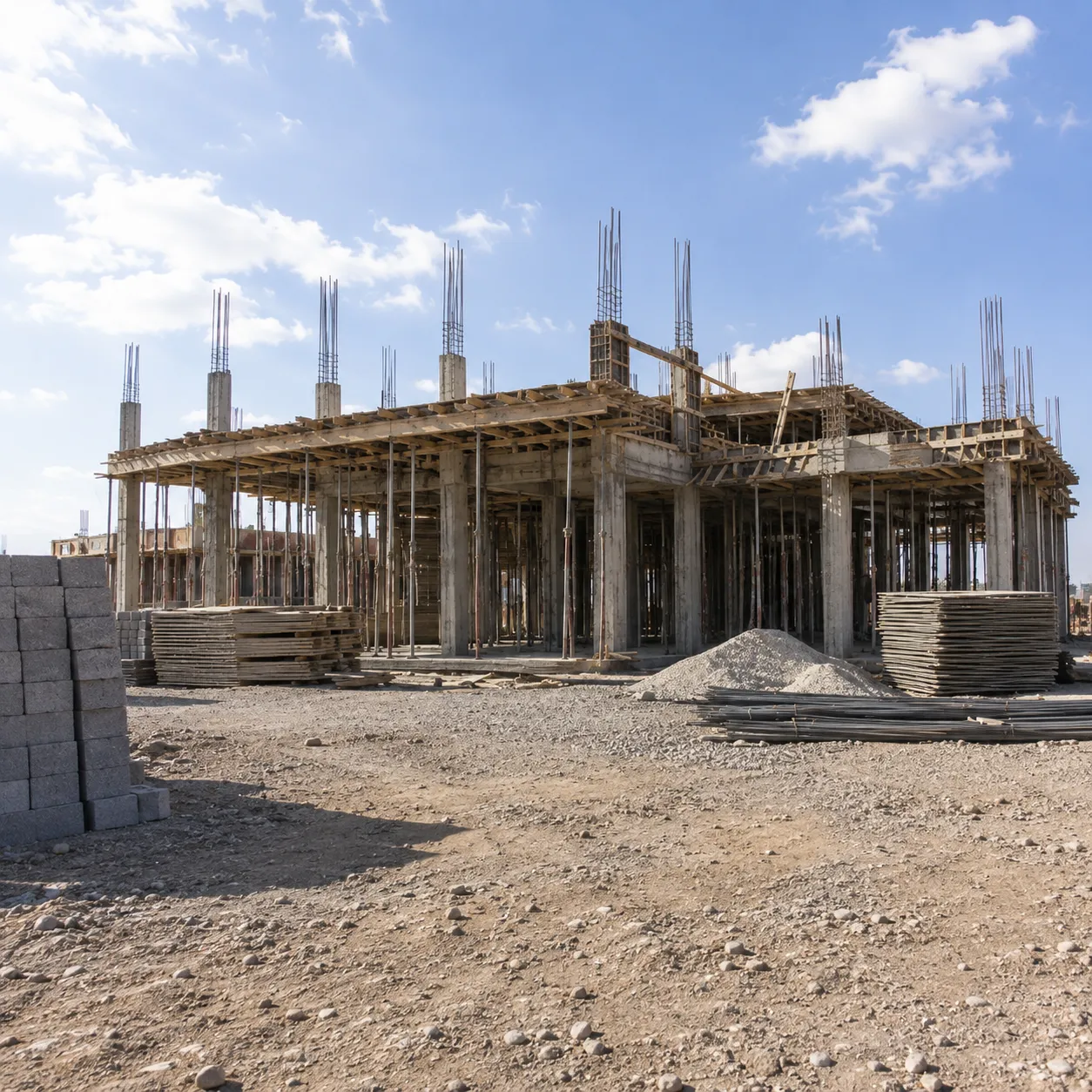 Partially constructed concrete building framework with vertical rebar extending above the structure, surrounded by stacks of building materials and piles of gravel on dry, rocky ground under a blue sky with scattered clouds.
