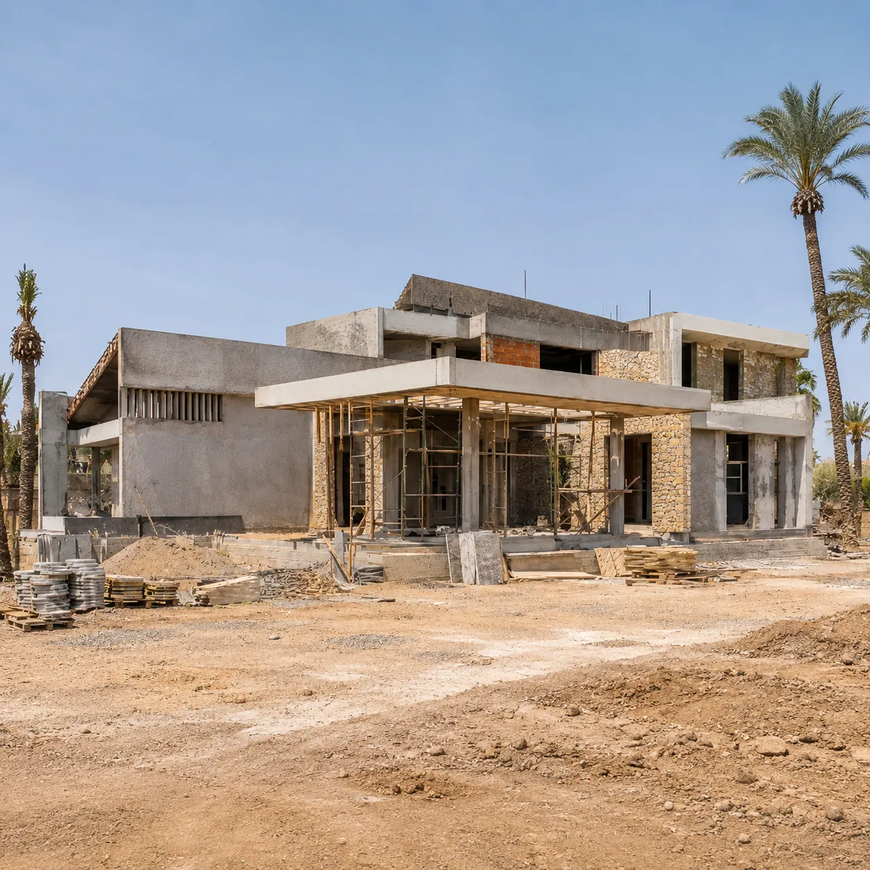 Modern house under construction with exposed stone and concrete walls, scaffolding around the front porch, construction materials stacked outside, and palm trees nearby under a clear blue sky.
