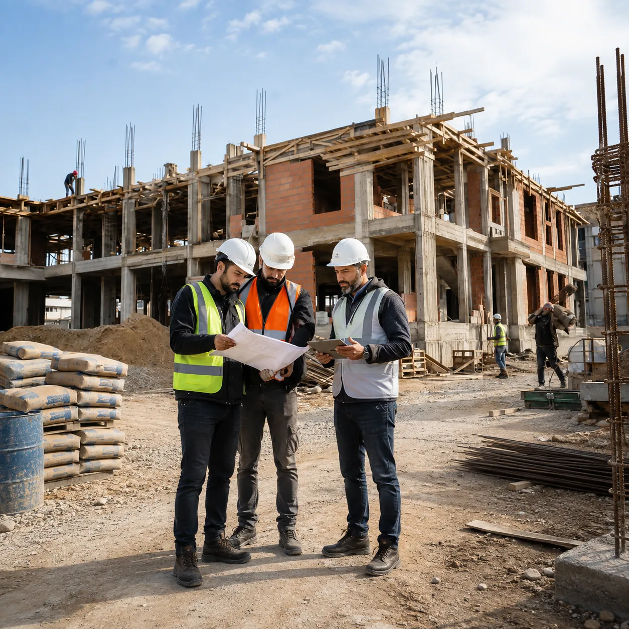 Three construction workers wearing helmets and safety vests review building plans on a construction site with an unfinished concrete and brick structure in the background.