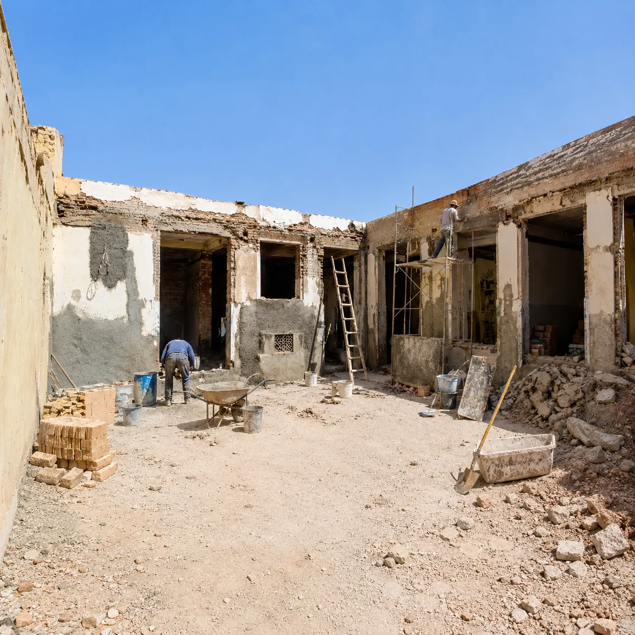 Construction site of a partially built brick structure under clear blue sky with two workers: one standing on scaffolding plastering a wall, another bending down near buckets and a wheelbarrow in the dirt courtyard surrounded by piles of bricks and rubble.