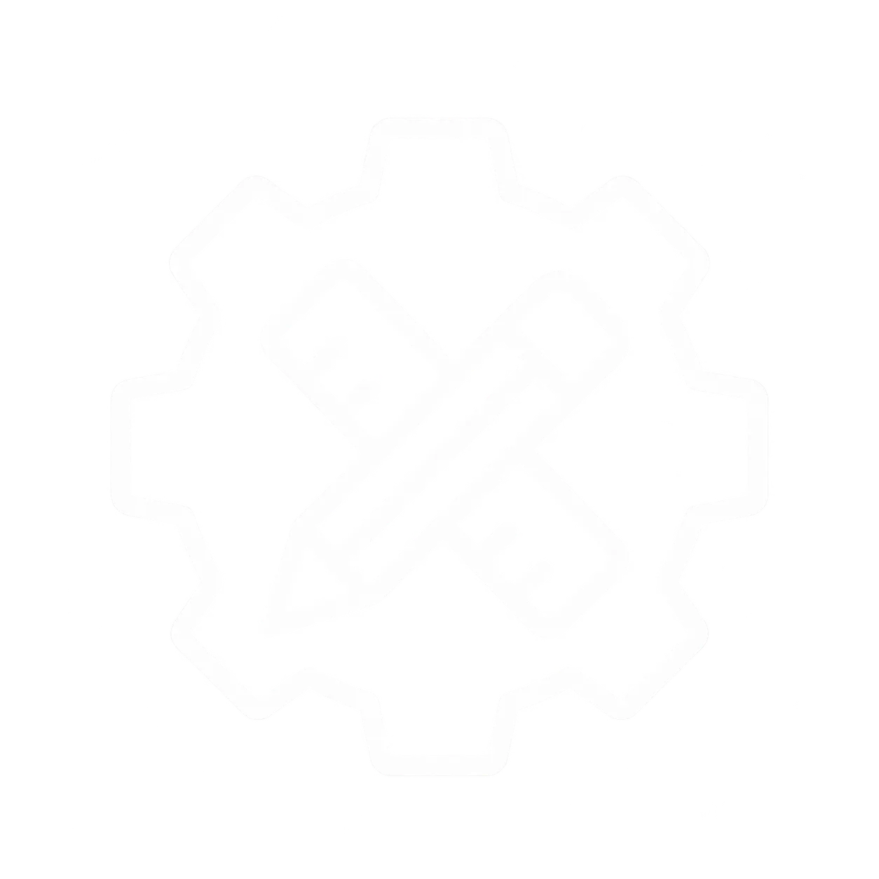 White outline of a gear with a pencil and ruler crossed inside it on a black background.