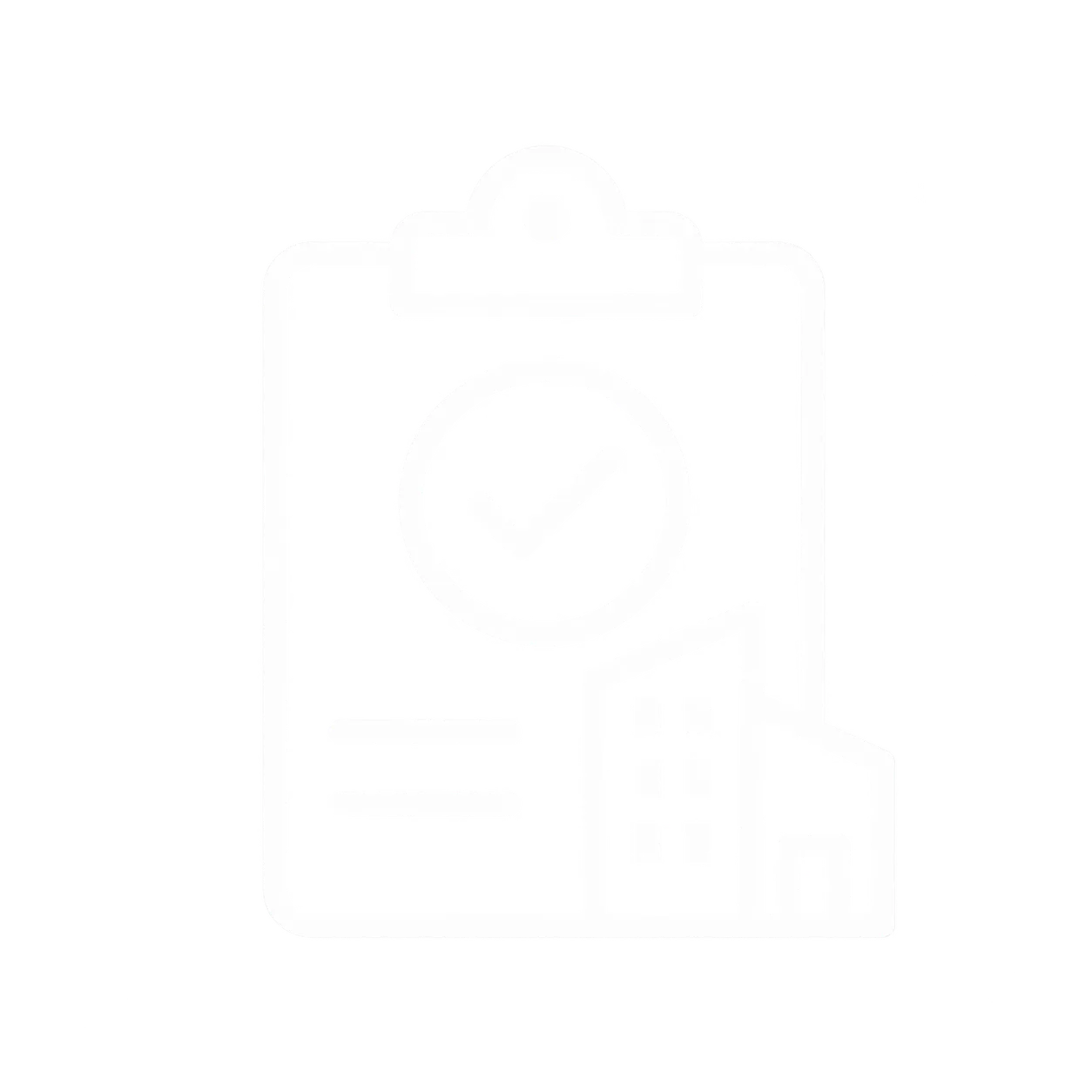 Clipboard with a checkmark symbol inside a circle above two horizontal lines and two overlapping building shapes on the bottom right.