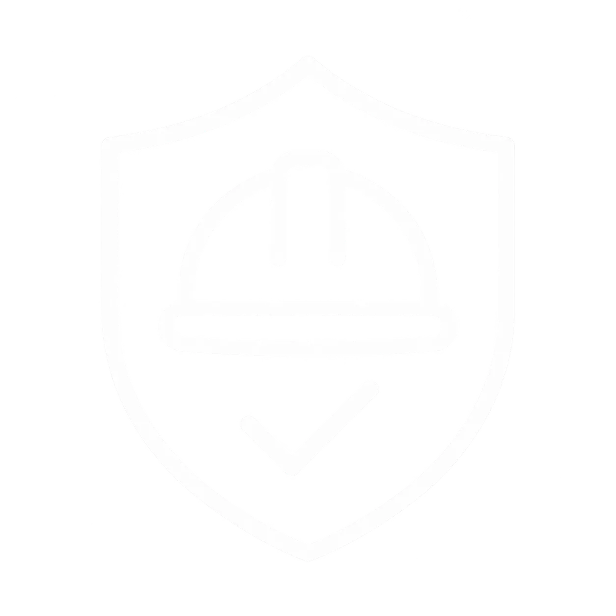 Shield emblem with a construction hard hat above a checkmark, symbolizing safety or protection.