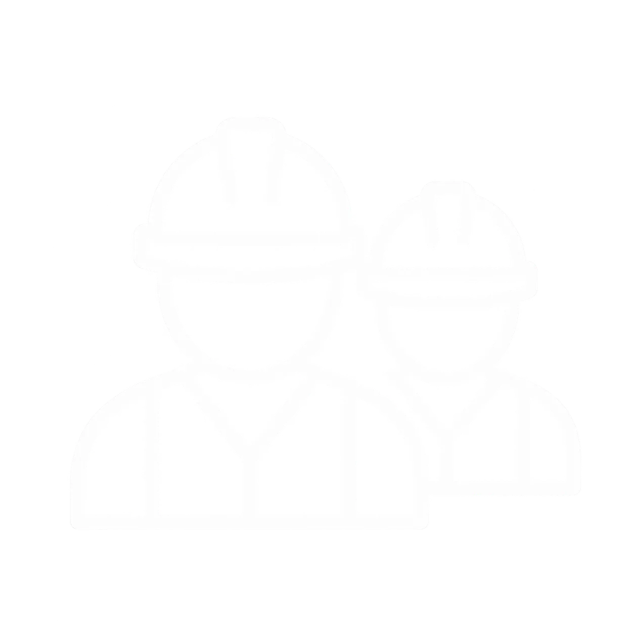 Icon of two construction workers wearing hard hats and safety vests, one slightly behind the other.